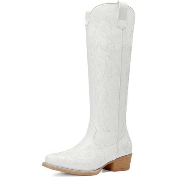 Women's White Embroidered Comfortable Cowgirl Knee High Boot Pull On Side Zipper - Picture 1 of 8